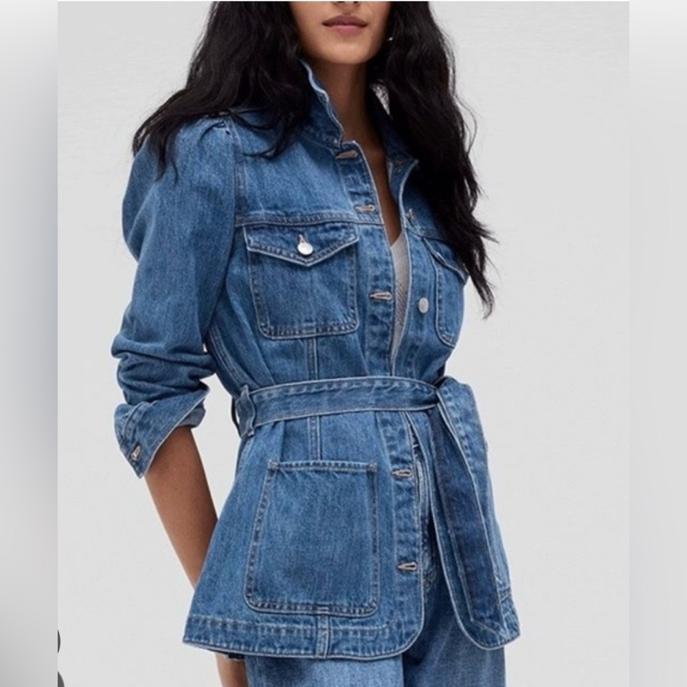 Gap belted puff sleeve denim jacket long xs